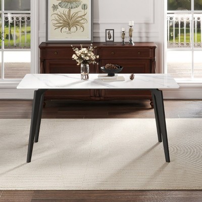 62" Modern Rectangular Dining Table for 6,Sintered Stone Top with Black Metal Legs,Small Space Kitchen or Dining Room Table-Maison Boucle