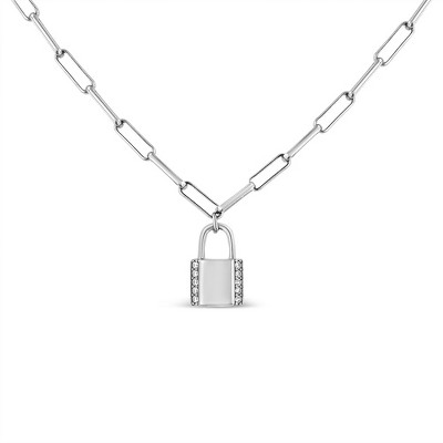 Silver 1/10 Cttw Round Diamond Lock Pendant Paperclip Chin Necklace
