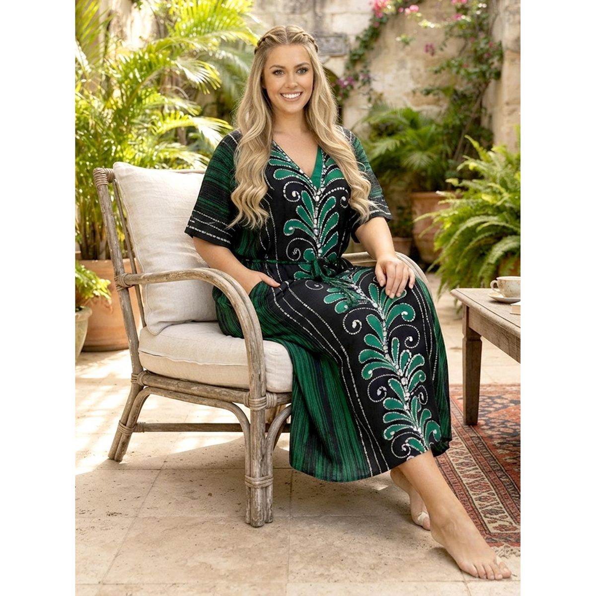 LA LEELA Summer Cotton Women Beach Resortwear Caftan Vacation Cruise Holiday Loungewear Maxi Travel Dress 2X-3X Green Paisley - thumbnail 3
