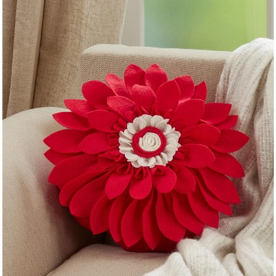 Red and White Round Felt Flower Throw Pillow