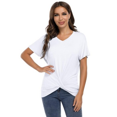 Women's Knot Tunics Tops V Neck Short Sleeve Casual Blouse T-Shirt