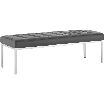 Modway Loft Tufted Large Upholstered Faux Leather Bench Silver Gray