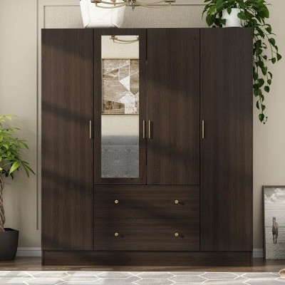 FUFU&GAGA Wardrobe Armoire Wooden Closet with Mirror 4 Doors 2 Drawers