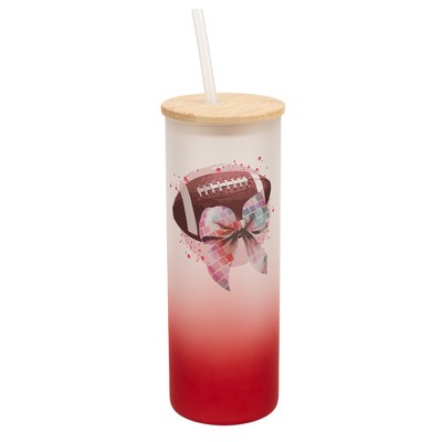 Elanze Designs 25 Ounce Frosted Glass Gradient Travel Tumbler With Straw and Wooden Lid, Football With Disco Bow Red