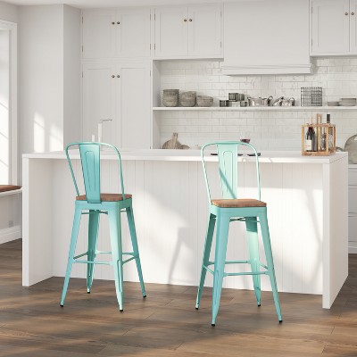 Mint Green 30" Metal & Wood Slat-Back Counter Stool