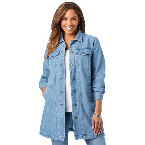 Jessica London Women's Plus Size Long Denim Jacket Oversized Jean Jacket -  12 W, Light Wash Blue