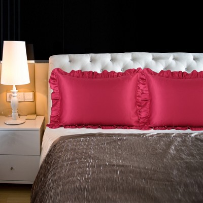 King(20"x36") Silky Satin Stain Ruffled Pillow Cases Burgundy - PiccoCasa