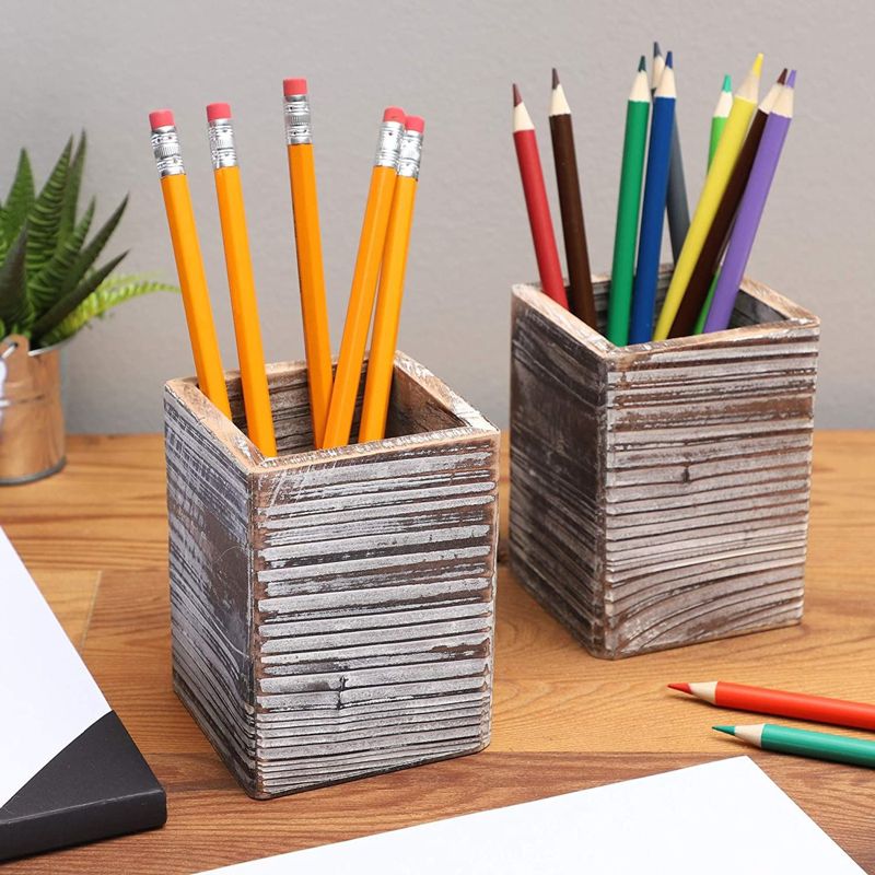 Paper Junkie Rustic Wood Pencil Holder (2 Pack) for Office Home, 3x3x4", 2 of 7
