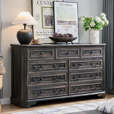 SinCiDo 9 Drawer Dresser, 54" Wide Farmhouse Rustic Wood Chest, Natural Texture, Storage Dressers Organizer for Bedroom, Living Room