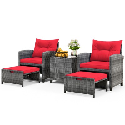 Tangkula 5-Piece Outdoor PE Rattan Conversation Set Wicker Patio Furniture Set with Cushion Ottoman & Coffee Table Red
