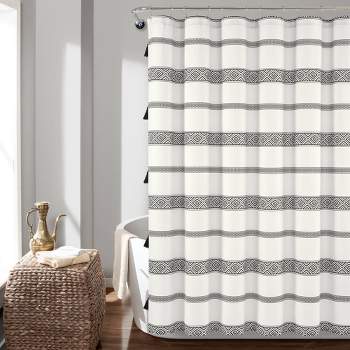 72"x72" Ava Boho Striped Tassel Yarn Dyed Eco-Friendly Recycled Cotton Shower Curtain Black/White - Lush Décor