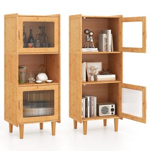Tangkula 2PCS Bamboo Cabinet Narrow Kitchen Storage Cabinet w/ Open Compartment & Storage - 1 of 4