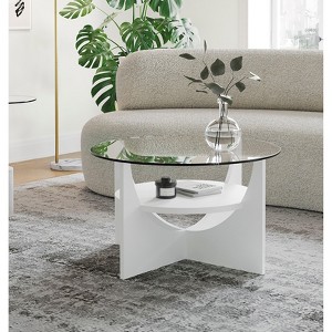 PAGED Modern U-Shaped 2-Tier Wooden Round Coffee Table with Clear Glass Top,Minimalist Design Tea Table Center Table for Living Room,Bedroom - 1 of 4