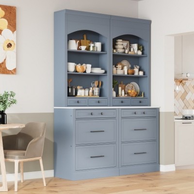 Set of 2 Tall Kitchen Pantry Cabinets with Drawers and Faux Marble Countertop, Freestanding Storage Cupboards for Dining Room–Maison Boucle