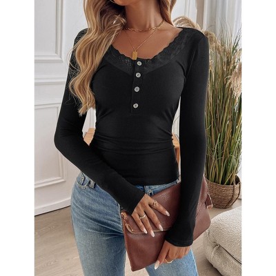 Womens Tops Ribbed Button Detail Lace Trim U Neck Long Sleeve Knit Top