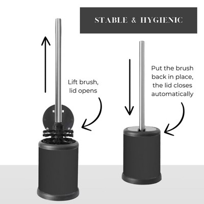 Compact Black and Stainless Steel Toilet Brush Set with Folding Lid