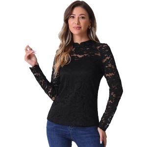 Allegra K Women's Semi Sheer Lace Long Sleeve Round Neck Work Casual Vintage Top - 1 of 4