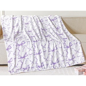 Purple Bow Throw Blanket Preppy Blanket Coquette 50" x 60" Flannel Soft Cute Bow Decor Lightweight Aesthetic - 1 of 4