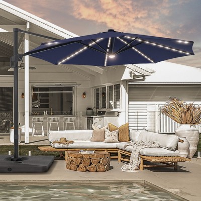 Sonkuki 11FT Round Offset Outdoor Solar LED Patio Aluminum Cantilever Umbrella w/ Base Included & Infinite Canopy Angle Adjustment