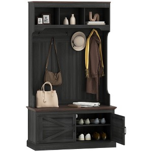 HOMCOM 3-in-1 Hall Tree with Shoe Storage, Standing Coat Rack with Shoe Bench, Entryway Furniture with Five Hooks, Black Wood Grain - 1 of 4