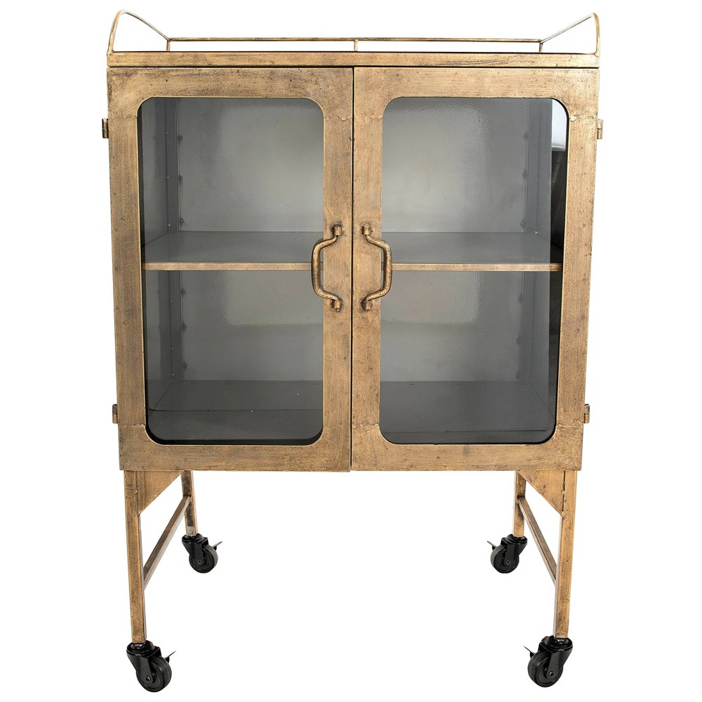 Storied Home Metal Bar Cabinet with Glass Doors and Wheels Gold/Antique Brass