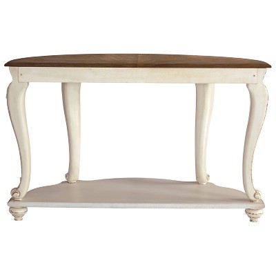 Realyn Demilune Sofa Table with Storage in Distressed White/Brown