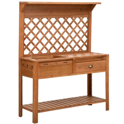 Outsunny 48'' Garden Wooden Potting Bench Table w/ Metal Screen Draining Area Side Hooks Drawer Open Upper/Lower Shelf