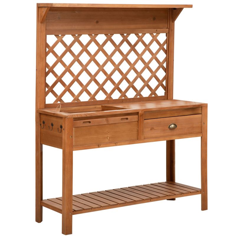 Outsunny Garden Potting Bench, Outdoor Wooden Workstation Table w/ Metal Screen, Drawer, Hooks, Storage Shelf, and Lattice Back for Patio and Porch, 4 of 8