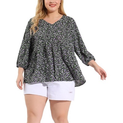 Agnes Orinda Women's Plus Size V Neck Babydoll 3/4 Lantern Sleeve Casual Floral Flowy Blouses