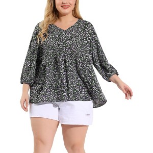 Agnes Orinda Women's Plus Size V Neck Babydoll 3/4 Lantern Sleeve Casual Floral Flowy Blouses - 1 of 4