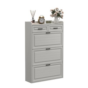 Shoe Storage Cabinet, Shoe Cabinet for Entryway, Narrow Freestanding Shoe Organizer with Doors Shoe Rack Cabinet with 3 Flip Drawers and 2 Drawers - 1 of 4