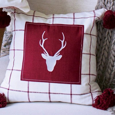 Red and Ivory Cotton Embroidered Reindeer Pillow Cover 20"