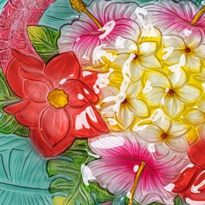 Tropical Flamingo Fusion Glass Birdbath with Metal Stand