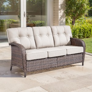 Belord 75" Outdoor Sofa PE Wicker Patio Couch, Patio Furniture Sofa Couch with Deep Seat and Olefin Cushion Cover for Porch Balcony Deck - 1 of 4