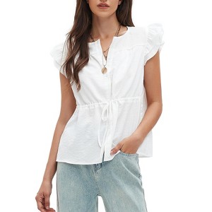 EXLURA Womens Button Down Blouses Casual Ruffle Cap Sleeve Crewneck Summer Peplum Drawstring Tops - 1 of 4