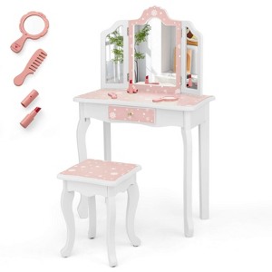 Costway 2 in 1  Kids Vanity Table and Chair Set with Drawer &Detachable Tri-Folding Mirror and Stool for Toddlers & Kids Pink/Blue - 1 of 4