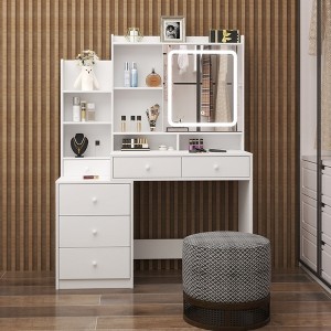 43"W Makeup Vanity Desk Vanity Table Dressing Table with 3-Mode Lighted Mirror, 5 Drawers and Storage Shelves, White-ModernLuxe - 1 of 4