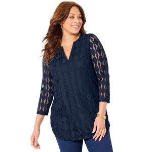 Catherines Women's Plus Size Textured Lace Knit Top - 1 of 4
