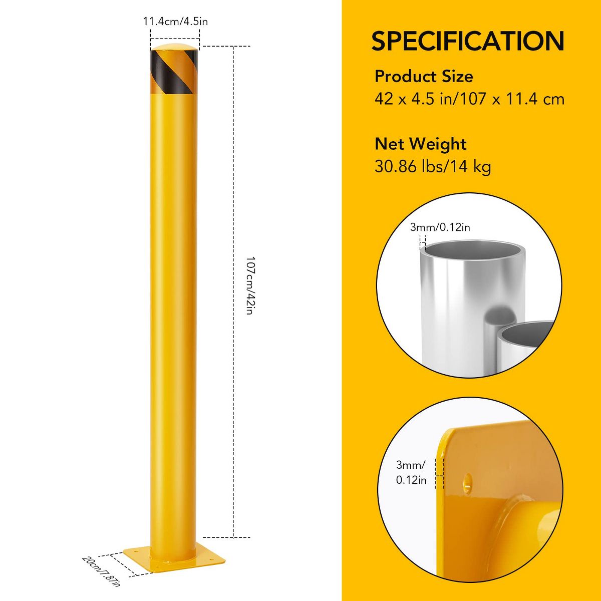 2 Packs 42in Safety Bollard Post,4.5in Diameter Yellow Steel Traffic Bollard with 8 Anchor Bolts, Parking Pole for Driveway Barrier Traffic Control - thumbnail 6
