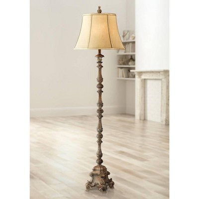 Antique French Country 62" Faux Wood Floor Lamp with Beige Silk Shade