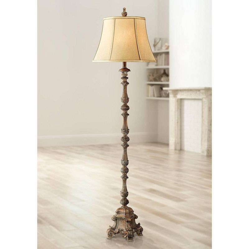 Regency Hill Rustic Floor Lamp 62" Tall French Faux Wood Antique Candlestick Beige Silk Bell Shade for Living Room Reading Bedroom Office, 2 of 10