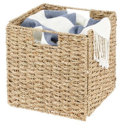 Seagrass Woven Square Storage Bin with Handles - Natural Off-White