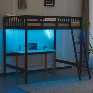 VINGLI Full Wood Loft Bed with USB Charging Station/LED, Solid Wood Bed with Flat Rungs, 15 inches High Guardrail, No Box Spring Needed, Black - 1 of 4