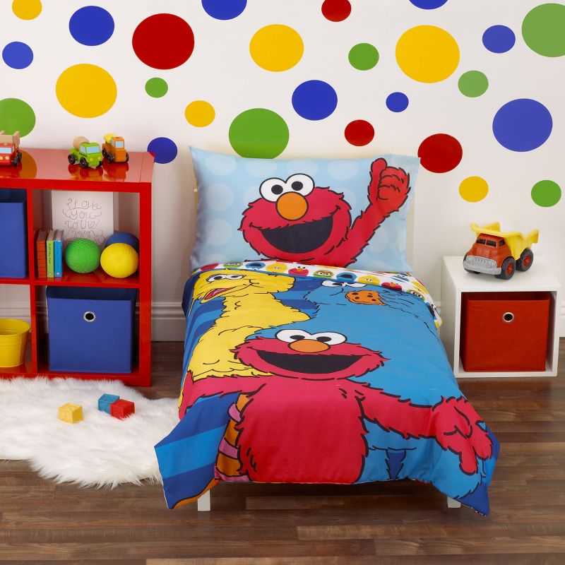 Sesame Street Best Friends Blue, Red, Yellow 4 Piece Toddler Bed Set - Comforter, Fitted Bottom Sheet, Flat Top Sheet, Reversible Pillowcase, 1 of 7