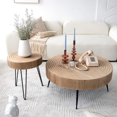 JIONJOY Farmhouse Nesting Coffee Table Set - 2-Piece Round Tables with Stump Pattern