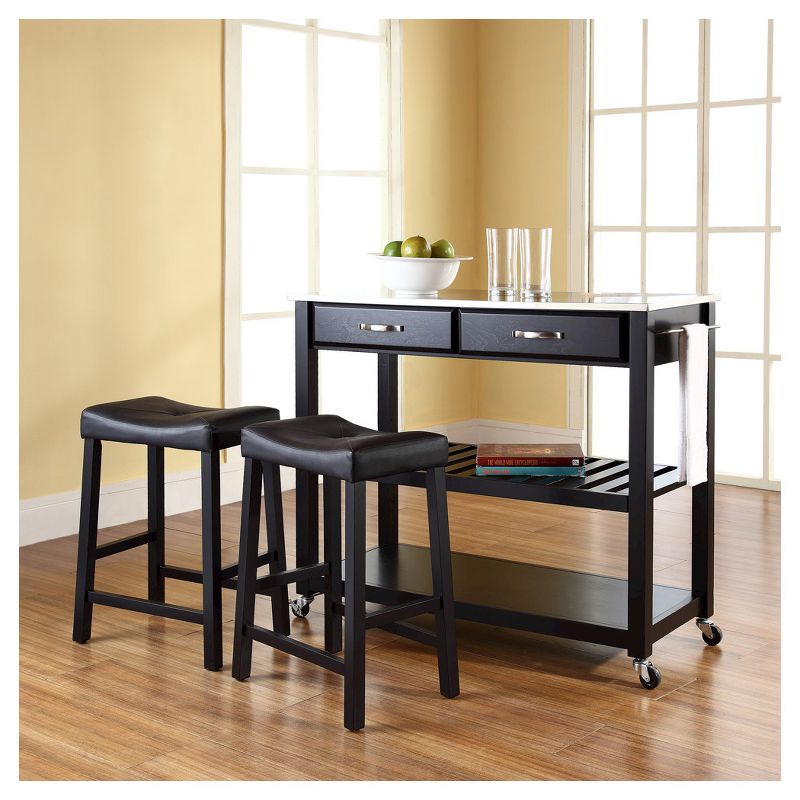 Stainless Steel Top Kitchen Cart/Island - Black with 24&#34; Black Upholstered Saddle Stools - Crosley, 4 of 9