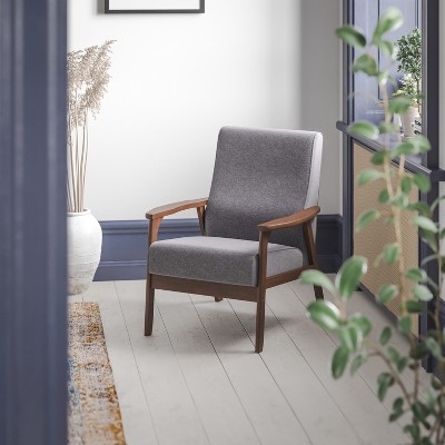 Gray Faux Linen Mid-Century Modern Accent Chair with Wooden Frame