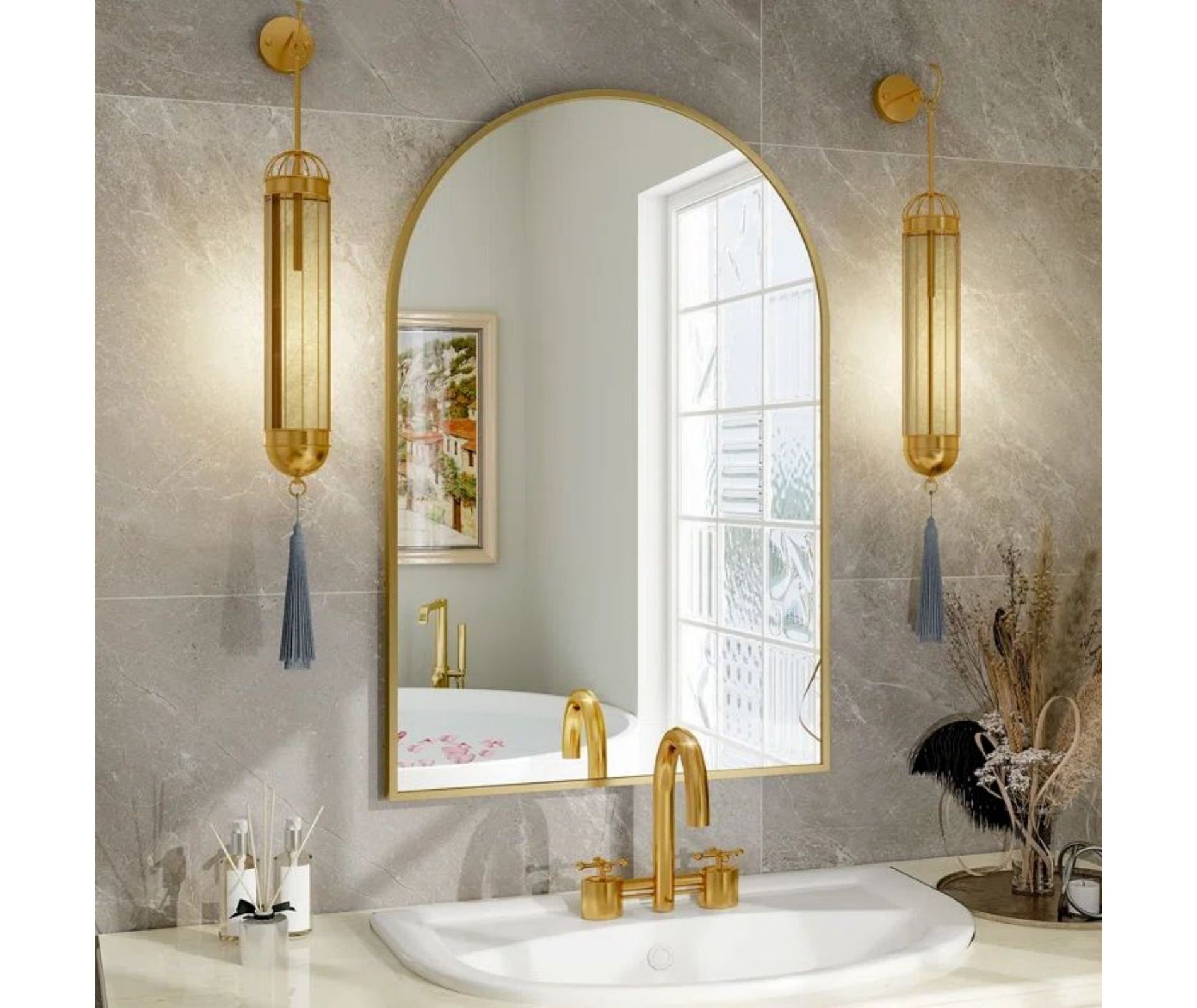 24" x 36" Arched Mantle Mirror, Gold-HOMLUX: Metal Frame, Wall Mount, Modern Decor