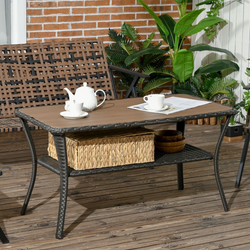 Outsunny Patio PE Rattan Outdoor Coffee Table with Storage Shelf, Wicker Side Table with Wood-Plastic Composite Top, Mixed Brown, 3 of 7