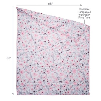Pink Floral Watercolor Twin Microfiber Quilt Set